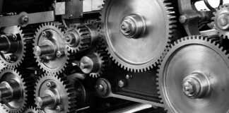 A closeup of gears in a machine.